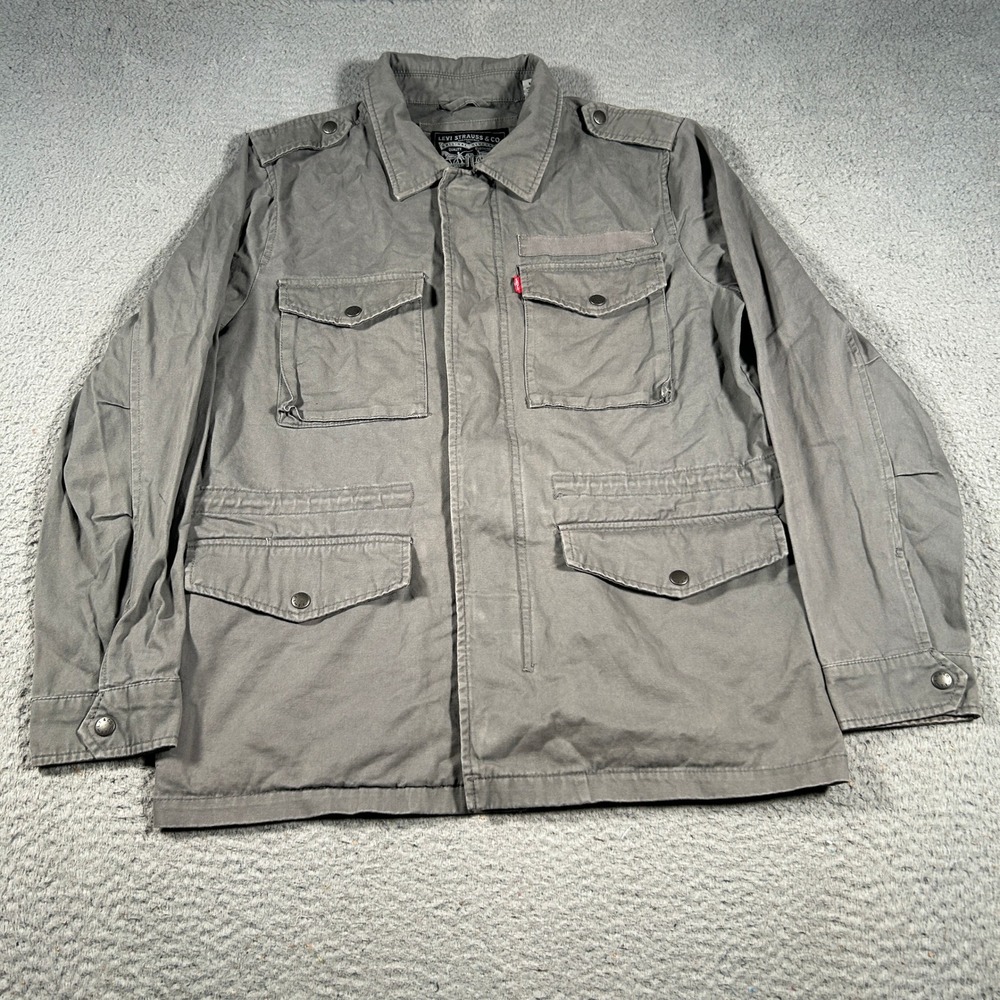 Levis Field Jacket Men Medium Gray Chore Utility‎ Snap Pockets Long Sleeve